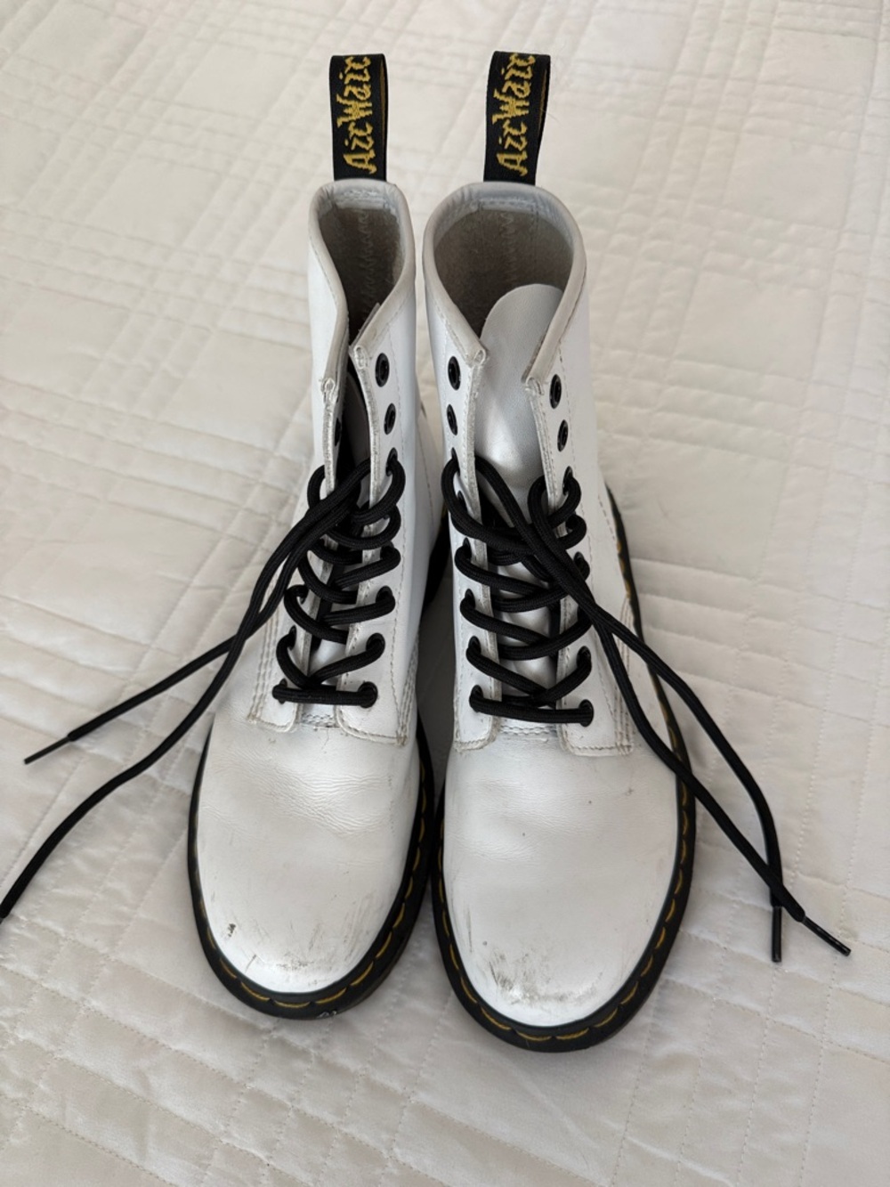 Dr Martens- White Leather Combat Boots with Black Laces and Yellow Stitching